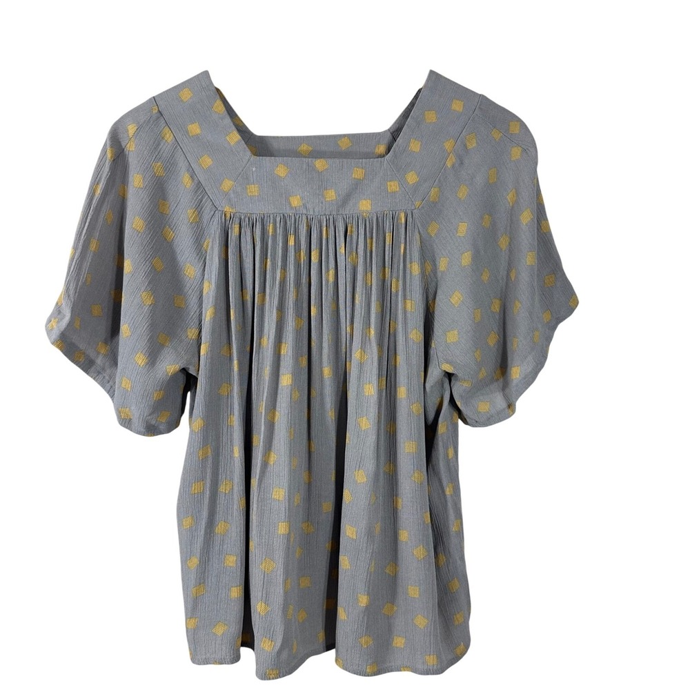 Downeast Womens Grey Yellow Diamond Embroidered Babydoll Blouse Square Neck XS‎